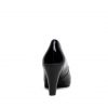 Black high-heeled leather shoe view from the back on a white background.