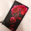 Hand-painted floral leather wallet with pink and red hibiscus flowers, stylish and unique accessories, perfect for casual or formal occasions, designed by Katya Maker.