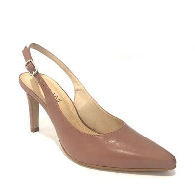 Elegant blush pink pointed-toe slingback high heel shoe with adjustable strap, perfect for stylish women's fashion and formal occasions.