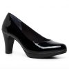 Black patent leather high heel shoe for women, stylish and elegant footwear for formal and professional occasions.