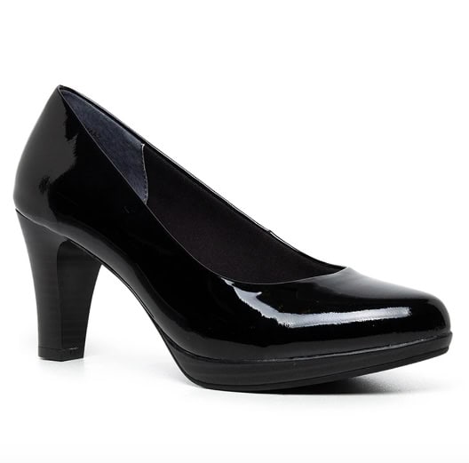 Black patent leather high heel shoe for women, stylish and elegant footwear for formal and professional occasions.