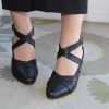 Black leather strappy heels on woman's feet, stylish footwear for women.