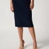 Navy satin midi skirt with a fitted waist and elegant silhouette, perfect for sophisticated and modern fashion looks.