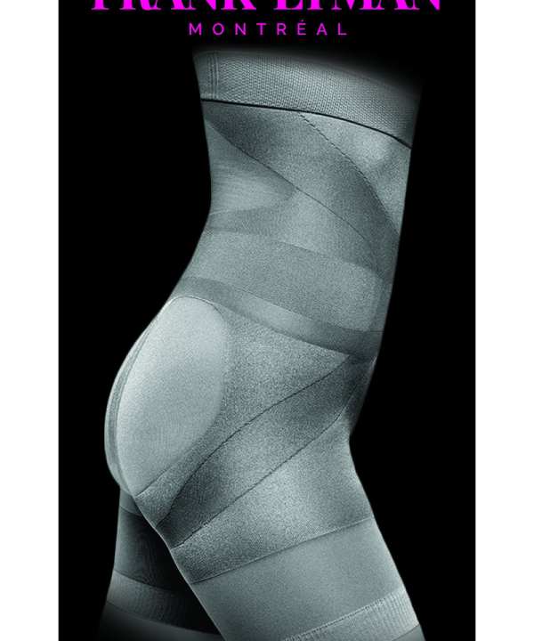 Layered high-quality tights with a modern, artistic design in shades of gray, perfect for fashion-forward style and creative photo shoots.
