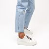 Comfortable white sneakers with black laces paired with light-wash jeans, ideal for casual fashion and everyday wear. Perfect for stylish, relaxed looks.