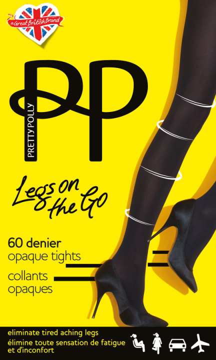 Leggings on-the-go providing 60 denier opaque tights by Pretty Polly, featuring stylish high heels and a vibrant yellow background perfect for fashion and hosiery enthusiasts.