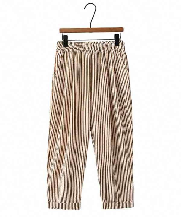 Striped beige and brown wide-leg pants with elastic waistband on a clothing hanger.