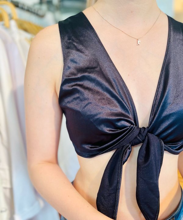 Black satin sleeveless knot-front crop top, stylish women’s fashion, trendy summer clothing, satin fabric, fashion boutique, Katyamaker design.