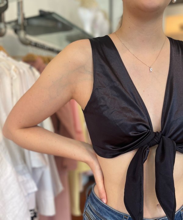 Black satin tied crop top, stylish summer fashion, trendy clothing, casual chic outfit, women's fashion accessories.