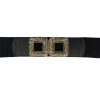 Stylish black fabric belt with decorative gold square buckle, perfect for fashion-forward outfits and accessorizing elegance.