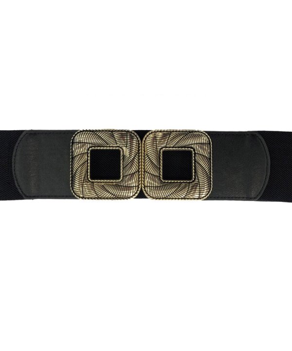 Stylish black fabric belt with decorative gold square buckle, perfect for fashion-forward outfits and accessorizing elegance.
