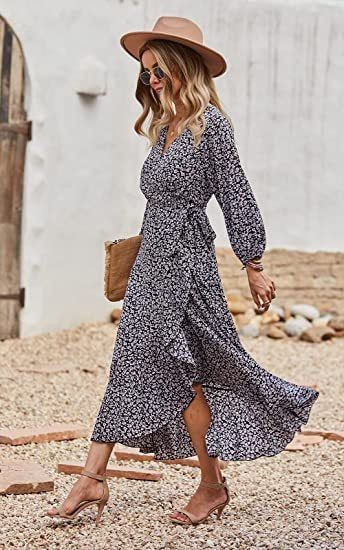 Elegant floral maxi dress for women with ruffle details, perfect for spring and summer outdoor events, styled with a wide-brim hat and heels.