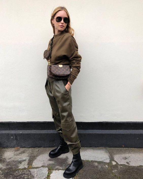 Designer handbag and casual street style, stylish woman in oversized olive green pants, brown sweatshirt, black combat boots, black sunglasses, urban fashion look, fall outfit inspiration, katyamaker.