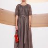 Elegant gray maxi dress with sheer puff sleeves and a waist tie, stylish and sophisticated for women’s fashion.