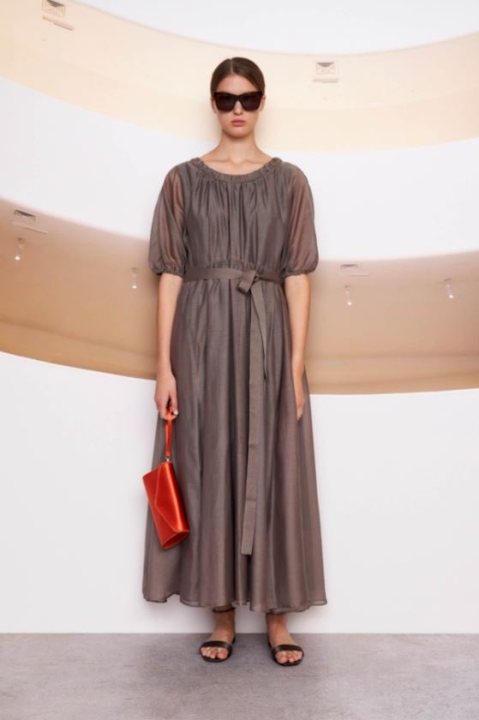 Elegant gray maxi dress with sheer puff sleeves and a waist tie, stylish and sophisticated for women’s fashion.
