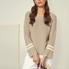 Beige knit sweater with white stripes on sleeves, fashionable women's casual clothing, cozy knitwear for fall, stylish relaxed fit top, Katyamaker fashion statement.