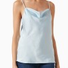 Silky satin camisole top in light blue with thin spaghetti straps, elegant draped neckline, perfect for casual or dressy occasions.