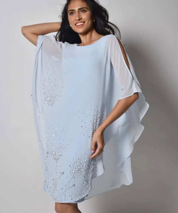 White elegant kaftan with crystal embellishments, perfect resort wear for women, stylish flowy beach cover-up, designer boho chic dress for summer events, lightweight chiffon tunic with slit details.