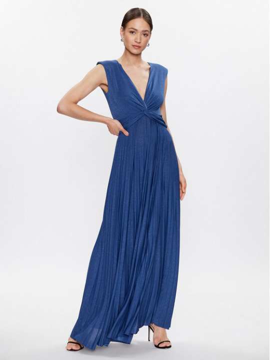 Vertical pleated blue maxi dress with a twist knot detail at the bust, sleeveless design, perfect for elegant occasions and summer events.