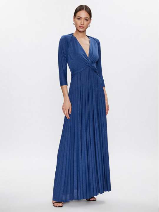 Elegant blue pleated maxi dress with 3/4 sleeves and V-neck, perfect for formal occasions and evening wear. Made from luxurious fabric, designed for a sophisticated and stylish look.