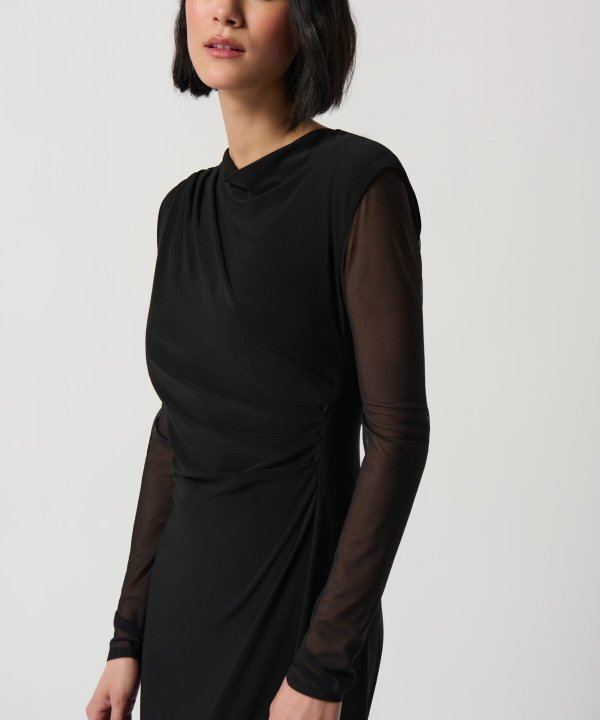 Sofia black dress with sheer long sleeves, elegant evening wear, stylish black cocktail dress, women's designer fashion by katyamaker, versatile formal outfit for special occasions.