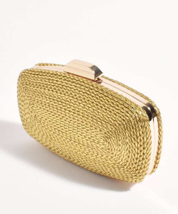 Golden woven clutch purse with metallic frame, perfect for evening accessorizing and stylish events.