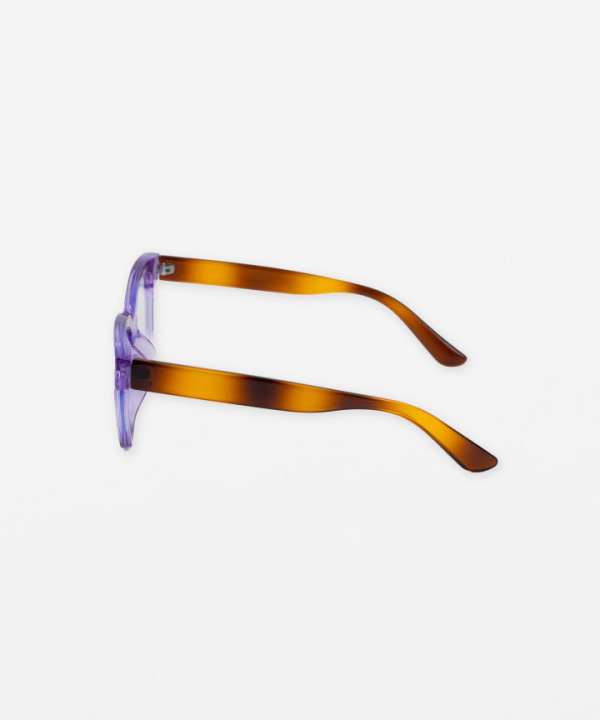 Colorful tortoise shell sunglasses with purple accents, designed for fashion-forward eyewear enthusiasts. Perfect accessory for sunny days and stylish outfits.