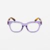 Colorful rectangular eyeglasses with purple frames and tortoiseshell temple tips, ideal for stylish eyewear accessories and fashion statements.