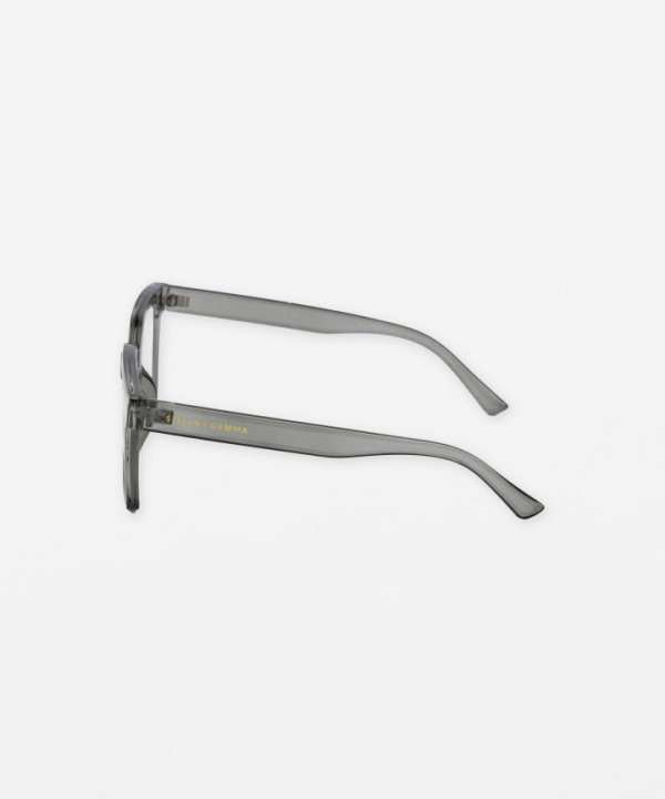 Sunglasses with gray transparent frames and minimalist design, featuring a subtle gold logo on the arm, perfect for stylish accessories and eye protection.