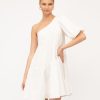 Linen one-shoulder dress with puff sleeve and flowing skirt, perfect for summer fashion and casual chic styles. Elegant and breezy women’s clothing by Katya Maker.