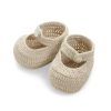 Handmade crochet baby shoes in natural beige yarn, perfect for newborns and infants; soft, breathable, and stylish footwear for baby girls and boys.