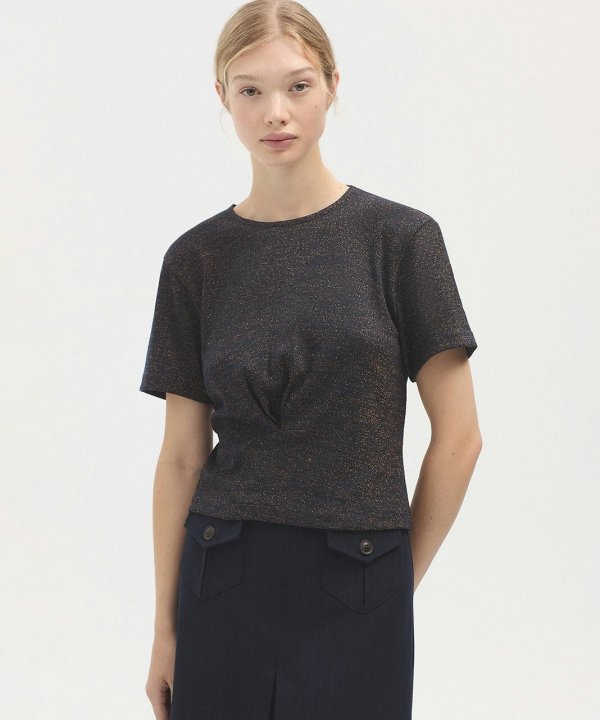 Luxurious black short-sleeve blouse with metallic speckle details, perfect for modern chic outfits and stylish office wear. Elevated casual fashion from Katyamaker.