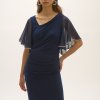 Elegant navy blue dress with ruffled chiffon sleeves, perfect for formal occasions and evening wear. Features a fitted silhouette with draped detailing, showcasing sophisticated fashion and designer craftsmanship.
