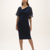 Blue evening dress with flowy chiffon sleeve details and elegant silhouette, perfect for formal occasions and parties.