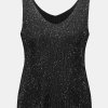 Shimmering black tank top with silver glitter accents, perfect for stylish occasions and night outs. Made from comfortable, stretchy fabric with a scoop neckline for a flattering fit.
