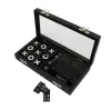 Set of black and white tic-tac-toe and domino games in sleek storage box, perfect for family game night and entertaining kids, with a classic and modern design.