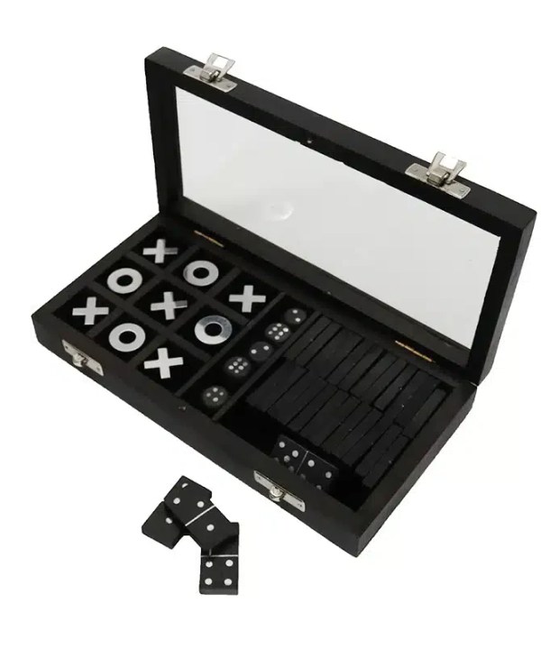 Set of black and white tic-tac-toe and domino games in sleek storage box, perfect for family game night and entertaining kids, with a classic and modern design.