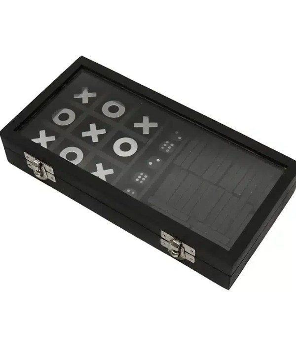 Board game set with tic-tac-toe, checkers, and domino pieces in a black storage box, perfect for family game nights and casual entertainment, designed with a clear glass lid for easy viewing.
