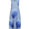Violet and blue floral maxi dress with pleated fabric, sleeveless design, and elegant V-neck, featuring a watercolor-inspired floral pattern for stylish summer or special occasion wear.