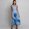 Blue abstract patterned pleated maxi dress by Katyamaker.