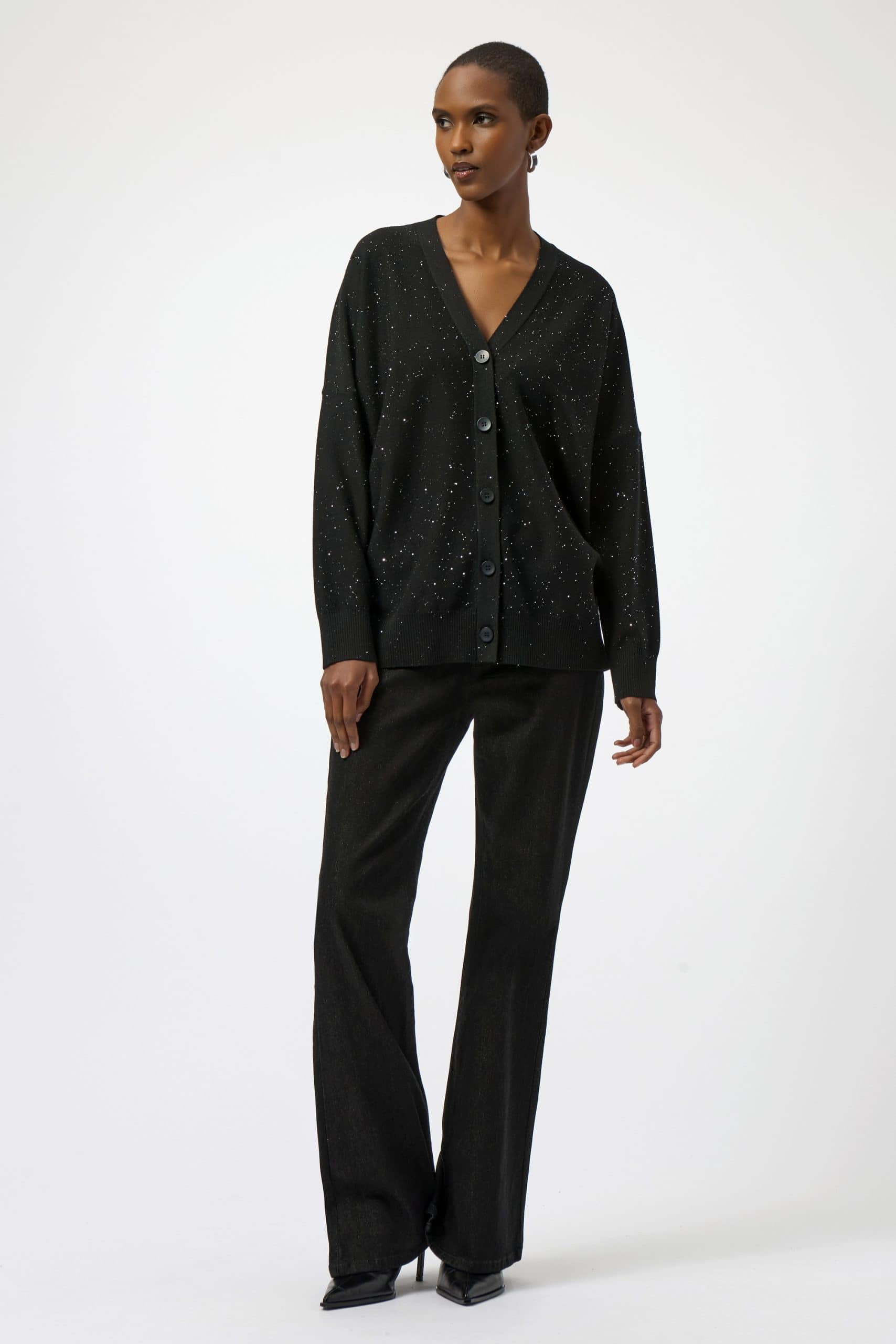 Sparkly black V-neck cardigan with button-up front, casual and chic women's fashion by katyamaker.