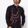 Colorful guitar graphic men's button-up shirt, stylish casual wear, unique musical instrument illustration, perfect for music lovers and fashion-forward individuals, available at katyamaker.com.