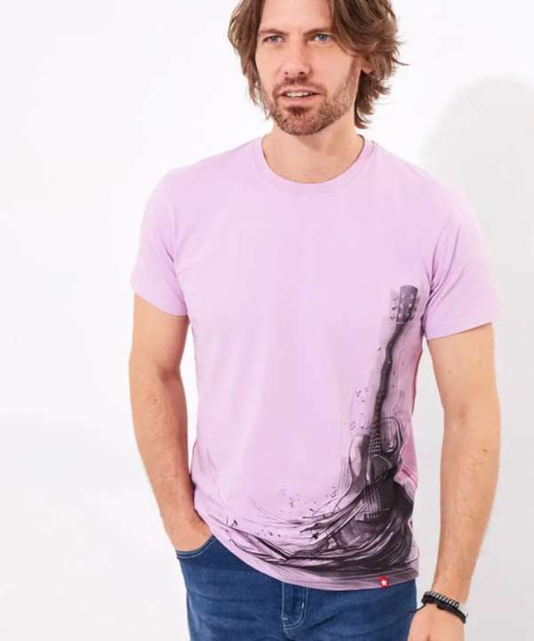 Bright pink guitar graphic T-shirt for music lovers, featuring a stylish and artistic design. Perfect for casual wear and showcasing your love for music and guitars with vibrant style.