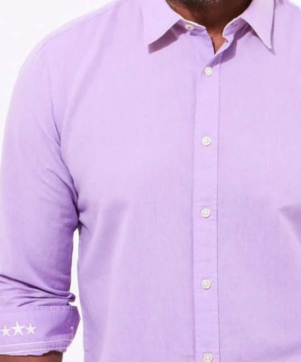 Lavender dress shirt for men with rolled-up sleeves, white buttons, and star embroidery detail, stylish casual business attire for men, elegant men's fashion by katyamaker.
